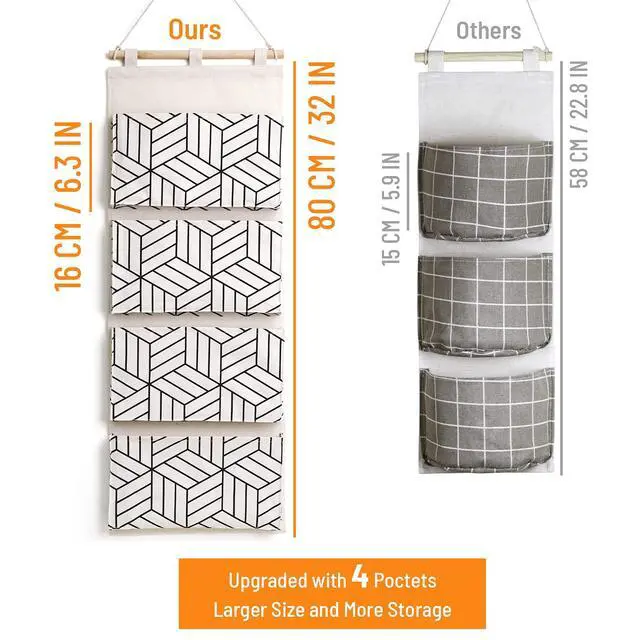 Alt view image 3 of 6 - 2Pcs Over Door Hanging Storage Bags Wall Mount Closet Organizer, 4 Big Pockets Linen Cotton Fabric Living Room Bedroom Bathroom File Magazine Waterproof Free Hooks White
