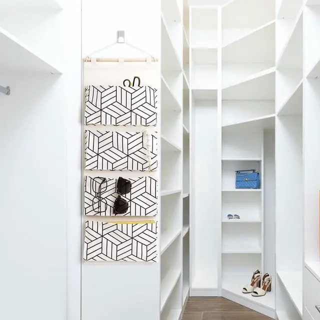 Alt view image 5 of 6 - 2Pcs Over Door Hanging Storage Bags Wall Mount Closet Organizer, 4 Big Pockets Linen Cotton Fabric Living Room Bedroom Bathroom File Magazine Waterproof Free Hooks White