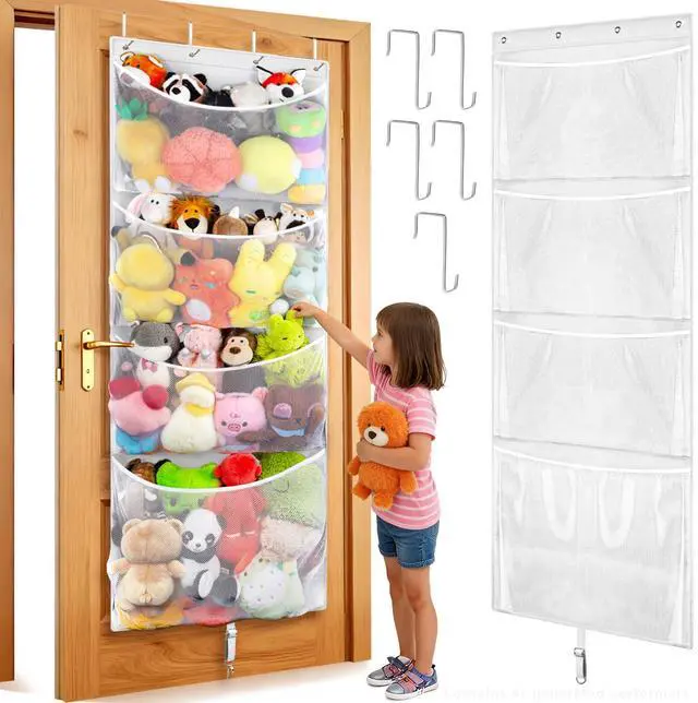 Main image of Hanging Stuffed Animal Storage, Over Door Large Plush Toy Organizer with Metal Hook, Baby Accessory Holder Idea for Nursery, Doll & Bear Mesh Hammock Bag for Girl Boy Kid Room