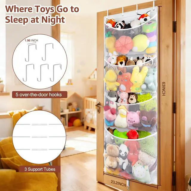 Alt view image 2 of 7 - Hanging Stuffed Animal Storage, Over Door Large Plush Toy Organizer with Metal Hook, Baby Accessory Holder Idea for Nursery, Doll & Bear Mesh Hammock Bag for Girl Boy Kid Room
