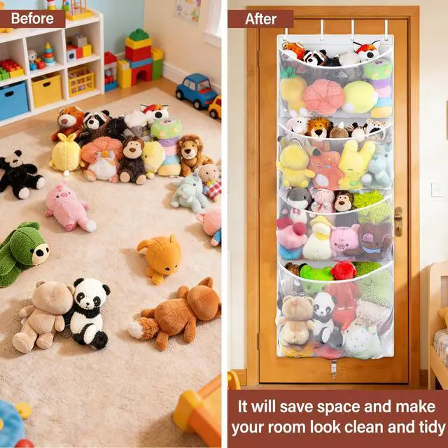 Alt view image 3 of 7 - Hanging Stuffed Animal Storage, Over Door Large Plush Toy Organizer with Metal Hook, Baby Accessory Holder Idea for Nursery, Doll & Bear Mesh Hammock Bag for Girl Boy Kid Room