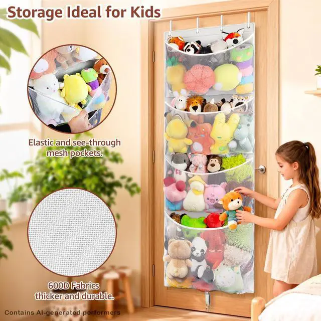 Alt view image 4 of 7 - Hanging Stuffed Animal Storage, Over Door Large Plush Toy Organizer with Metal Hook, Baby Accessory Holder Idea for Nursery, Doll & Bear Mesh Hammock Bag for Girl Boy Kid Room