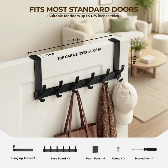Alt view image 2 of 7 - Over The Door Hooks, Door Hanger Hooks for Hanging, Towel Racks for Bathroom with 12 Coat Hook, Coat Rack College Dorm Essentials Bathroom Accessories1 Pack, Black