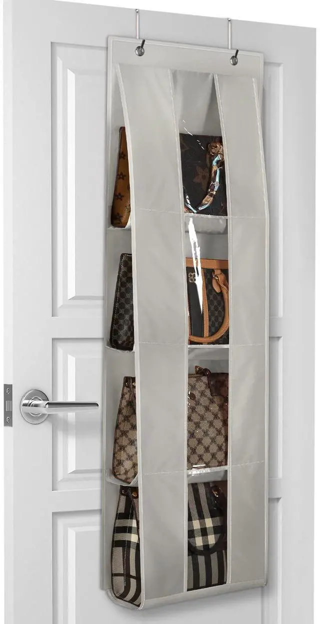 Main image of Over the Door Purse Organizer, handbag storage organizer with 4 Clear Pockets Foldable, purse storage, scarf storage, clothing organizer, legging organizer for hanging closet organize, Gray