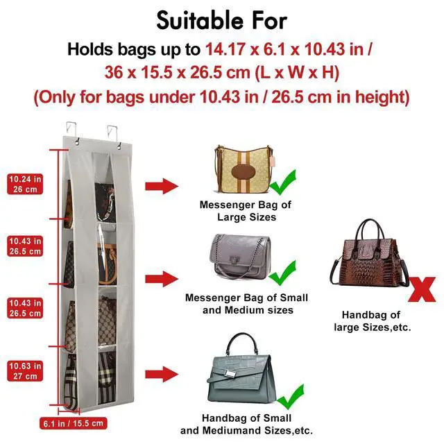 Alt view image 2 of 6 - Over the Door Purse Organizer, handbag storage organizer with 4 Clear Pockets Foldable, purse storage, scarf storage, clothing organizer, legging organizer for hanging closet organize, Gray