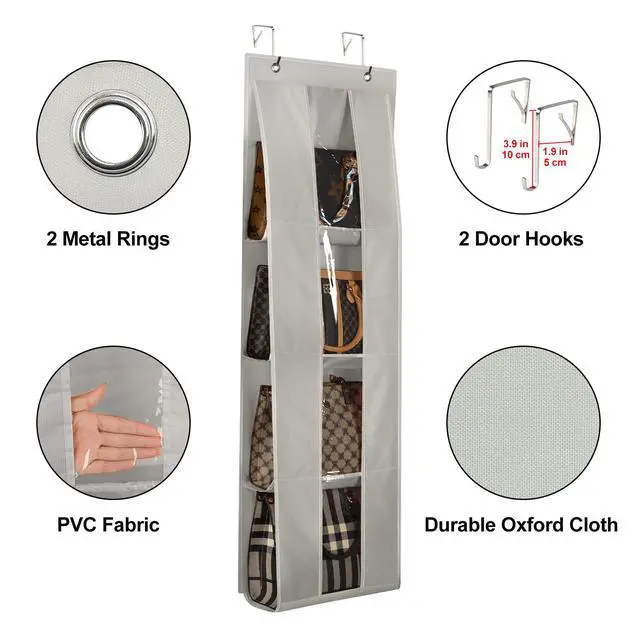 Alt view image 4 of 6 - Over the Door Purse Organizer, handbag storage organizer with 4 Clear Pockets Foldable, purse storage, scarf storage, clothing organizer, legging organizer for hanging closet organize, Gray