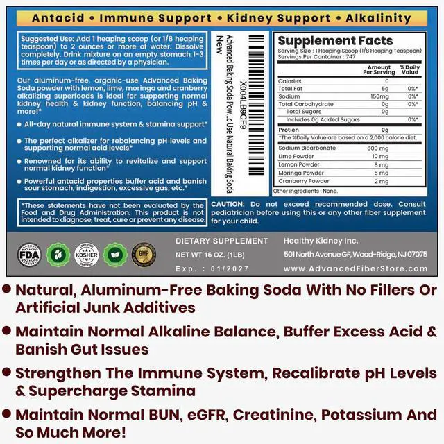 Alt view image 2 of 7 - Advanced Baking Soda Powder: Organic Use Aluminum Free Baking Soda w/Superfoods to Support Kidneys, Stomach Acid, Alkalinity, Immune, Antacid, Health & Wellness, Organic Use