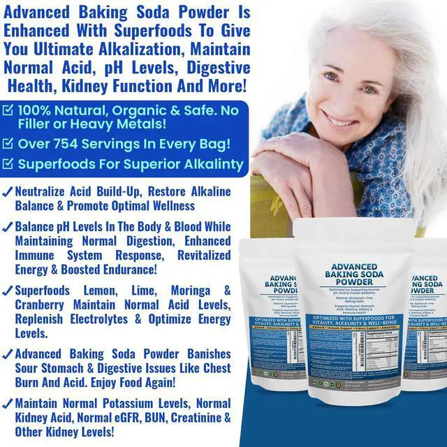 Alt view image 3 of 7 - Advanced Baking Soda Powder: Organic Use Aluminum Free Baking Soda w/Superfoods to Support Kidneys, Stomach Acid, Alkalinity, Immune, Antacid, Health & Wellness, Organic Use