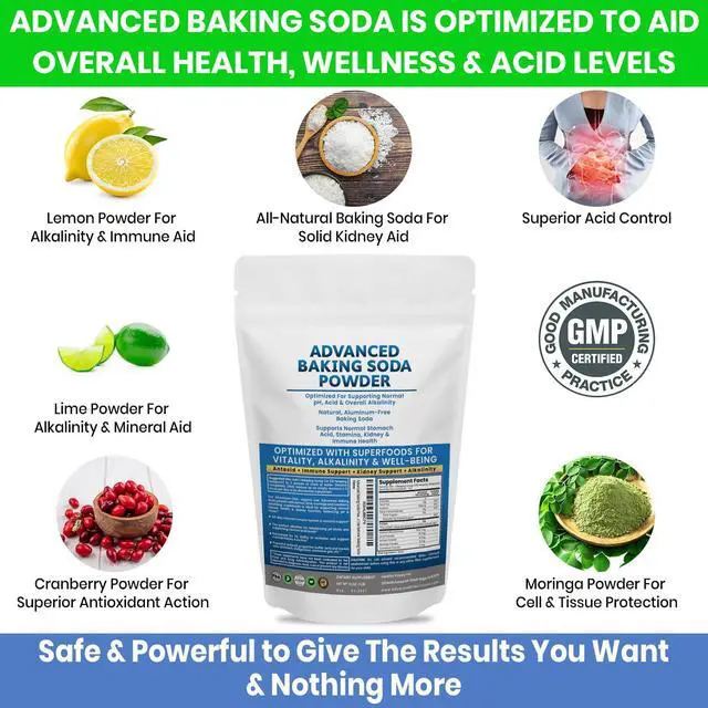Alt view image 6 of 7 - Advanced Baking Soda Powder: Organic Use Aluminum Free Baking Soda w/Superfoods to Support Kidneys, Stomach Acid, Alkalinity, Immune, Antacid, Health & Wellness, Organic Use