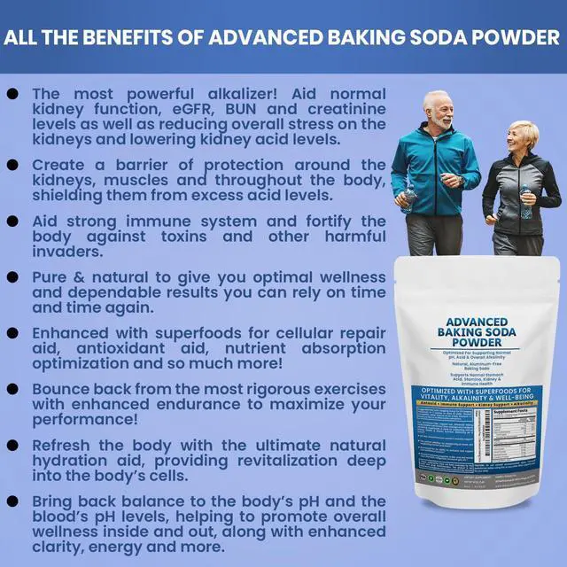 Alt view image 7 of 7 - Advanced Baking Soda Powder: Organic Use Aluminum Free Baking Soda w/Superfoods to Support Kidneys, Stomach Acid, Alkalinity, Immune, Antacid, Health & Wellness, Organic Use
