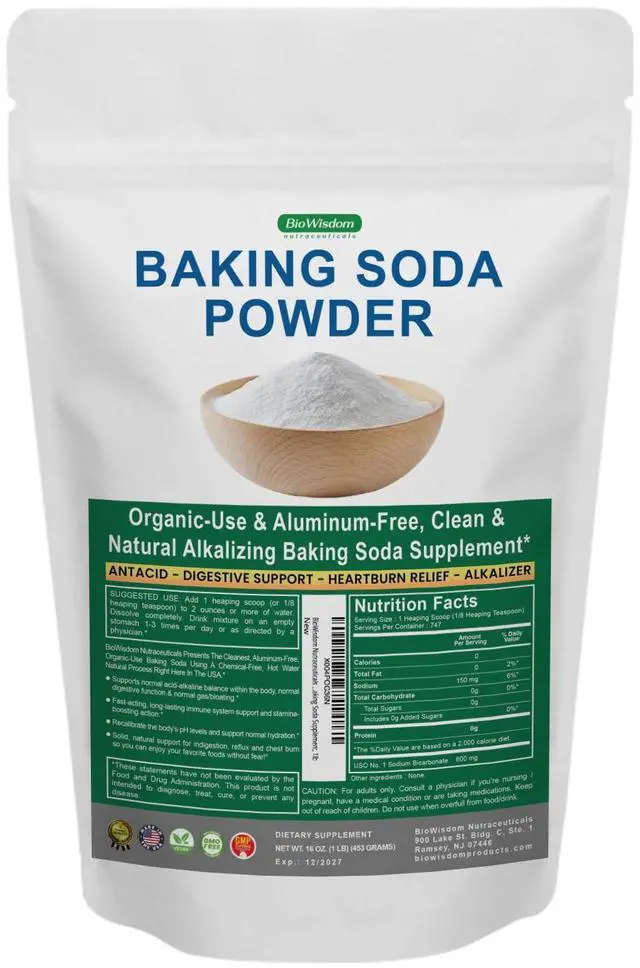 Main image of Baking Soda Powder for Organic Use, Grade 1 Aluminum Free Baking Soda, Natural No Chemicals, Pure Powder for Cooking, Stomach Acid, Kidney Supplement, 1lb