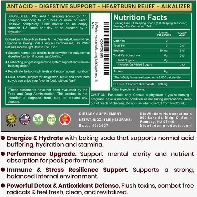 Alt view image 2 of 6 - Baking Soda Powder for Organic Use, Grade 1 Aluminum Free Baking Soda, Natural No Chemicals, Pure Powder for Cooking, Stomach Acid, Kidney Supplement, 1lb