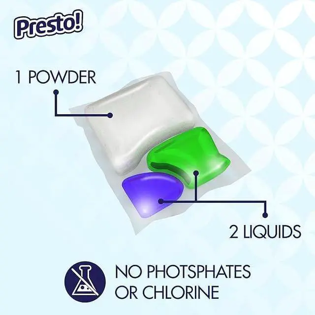 Alt view image 2 of 7 - Amazon Brand - Presto! Triple Action Dishwasher Pacs, Anti-spotting, Fresh Scent, No Phosphates or Chlorine, 70 Count