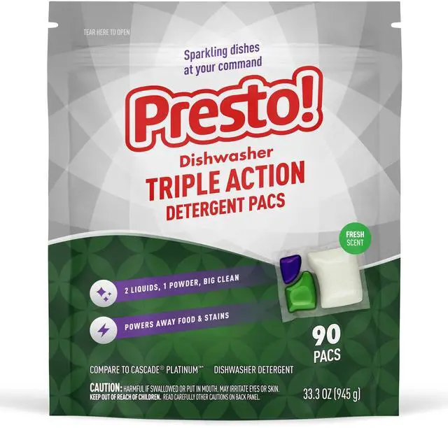 Main image of Amazon Brand - Presto! Triple Action Dishwasher Pacs, Fresh Scent, 90 Count
