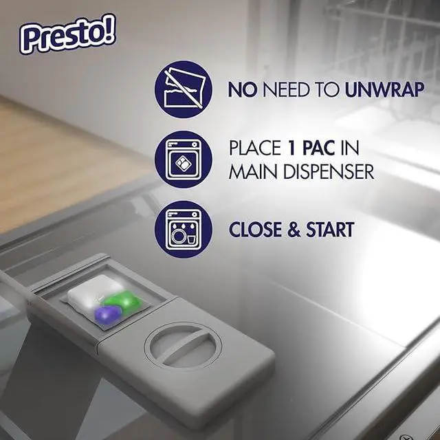 Alt view image 6 of 7 - Amazon Brand - Presto! Triple Action Dishwasher Pacs, Anti-spotting, Fresh Scent, No Phosphates or Chlorine, 70 Count