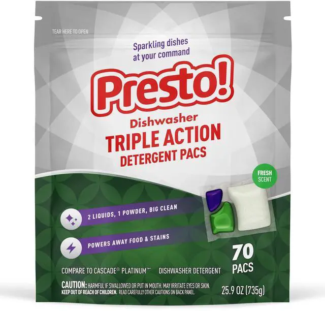 Main image of Amazon Brand - Presto! Triple Action Dishwasher Pacs, Anti-spotting, Fresh Scent, No Phosphates or Chlorine, 70 Count