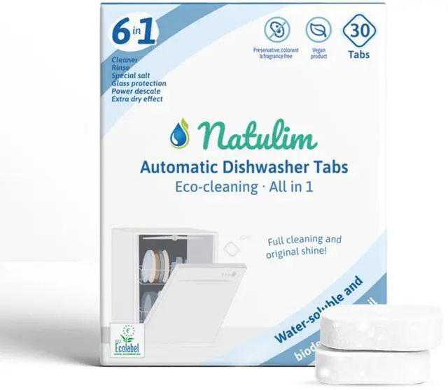 Main image of Dishwasher Tablets 30 Count Water Soluble & Biodegradable Tablets for Dishwashers detergent 6-in-1 Formula Deep Cleaning, Glass Protection, Salt Function Plastic-Free | Made in Spain