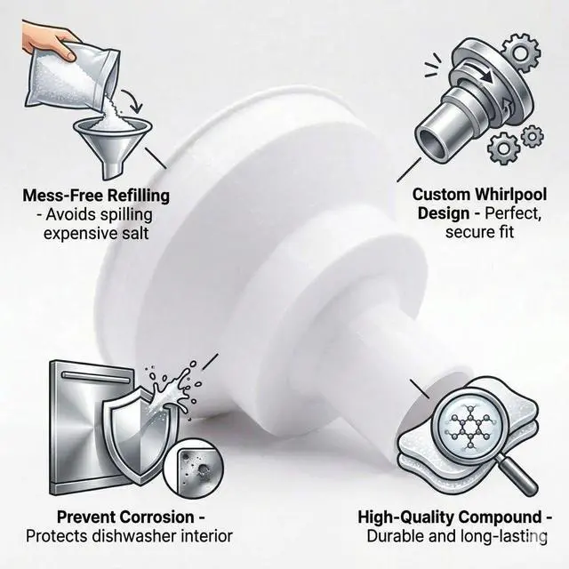 Alt view image 2 of 6 - Dishwasher Salt Funnel for Whirlpool, Heavy-Duty Replacement Funnel for Dishwasher Salt and Rinse Aid, Precision Fit Anti-Spill Design, Compatible with Most Whirlpool Models - Professional Grade