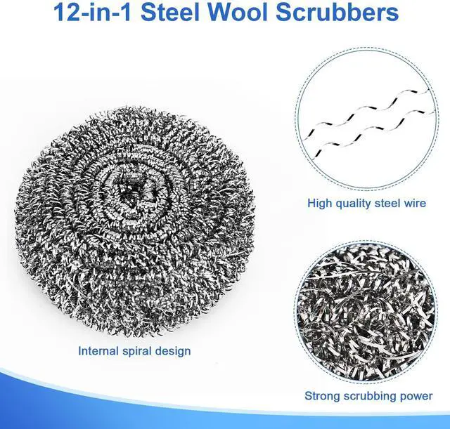 Alt view image 2 of 7 - 12Pack Upgraded Steel Wool Scrubbers - Premium Stainless Steel Scrubber, Metal Scouring Pads, Steel Wool Pads, Kitchen Cleaner, Heavy Duty Cleaning Supplies - Especially for Tough Cleaning