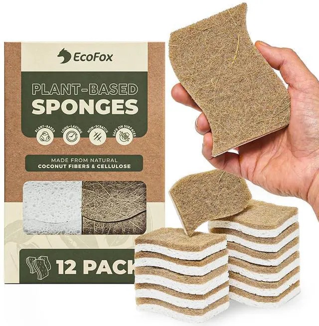 Main image of Plant-Based Kitchen Sponges (12 Pack) | USDA Biobased Certified | FSC & PETA Approved | Natural Cellulose & Coconut Scrubber Sponge | S-Shaped Design | Eco-Friendly, Non-Scratch, Non-Toxic & Vegan