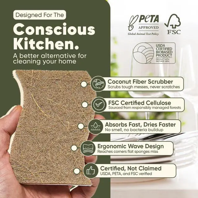 Alt view image 2 of 7 - Plant-Based Kitchen Sponges (12 Pack) | USDA Biobased Certified | FSC & PETA Approved | Natural Cellulose & Coconut Scrubber Sponge | S-Shaped Design | Eco-Friendly, Non-Scratch, Non-Toxic & Vegan