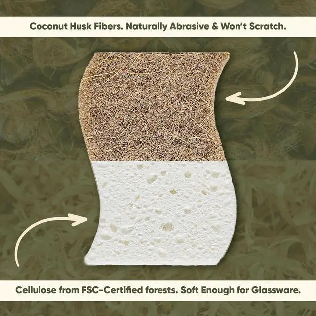 Alt view image 3 of 7 - Plant-Based Kitchen Sponges (12 Pack) | USDA Biobased Certified | FSC & PETA Approved | Natural Cellulose & Coconut Scrubber Sponge | S-Shaped Design | Eco-Friendly, Non-Scratch, Non-Toxic & Vegan