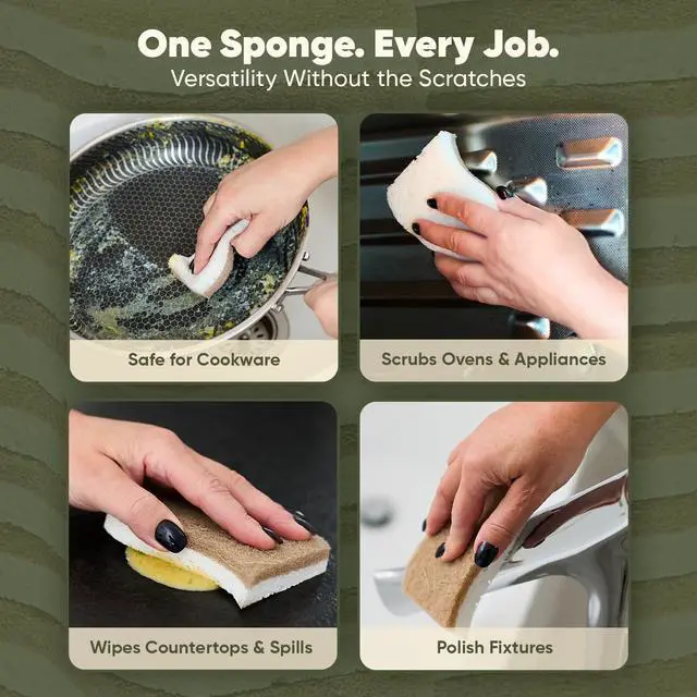 Alt view image 4 of 7 - Plant-Based Kitchen Sponges (12 Pack) | USDA Biobased Certified | FSC & PETA Approved | Natural Cellulose & Coconut Scrubber Sponge | S-Shaped Design | Eco-Friendly, Non-Scratch, Non-Toxic & Vegan