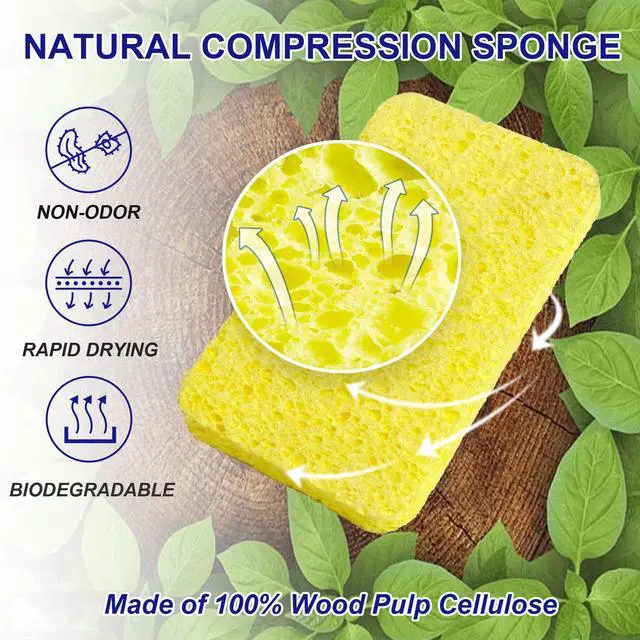 Alt view image 2 of 7 - 12 Pack Cellulose Compressed Sponges, Natural Wood Pulp Thicker Dishwashing Sponge, Pop Up Soft Absorbent Sponges for Kitchen, Individually Wrapped for Easy Storage, Yellow, 4.3" x 2.8" x 0.8"