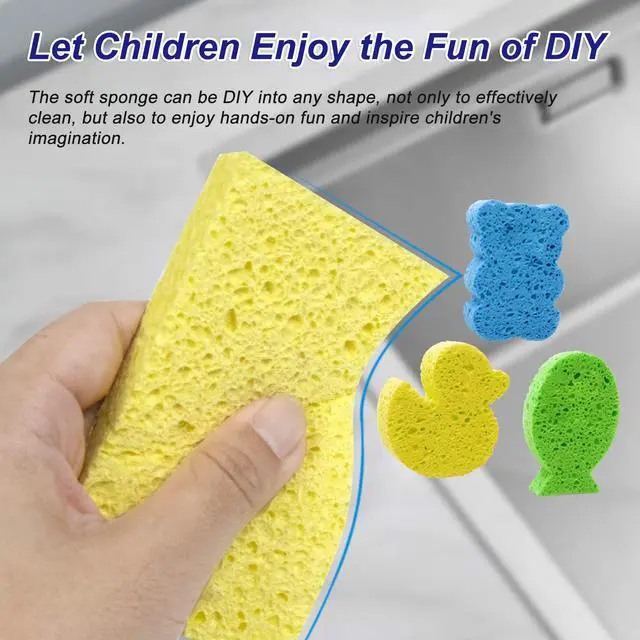 Alt view image 5 of 7 - 12 Pack Cellulose Compressed Sponges, Natural Wood Pulp Thicker Dishwashing Sponge, Pop Up Soft Absorbent Sponges for Kitchen, Individually Wrapped for Easy Storage, Yellow, 4.3" x 2.8" x 0.8"