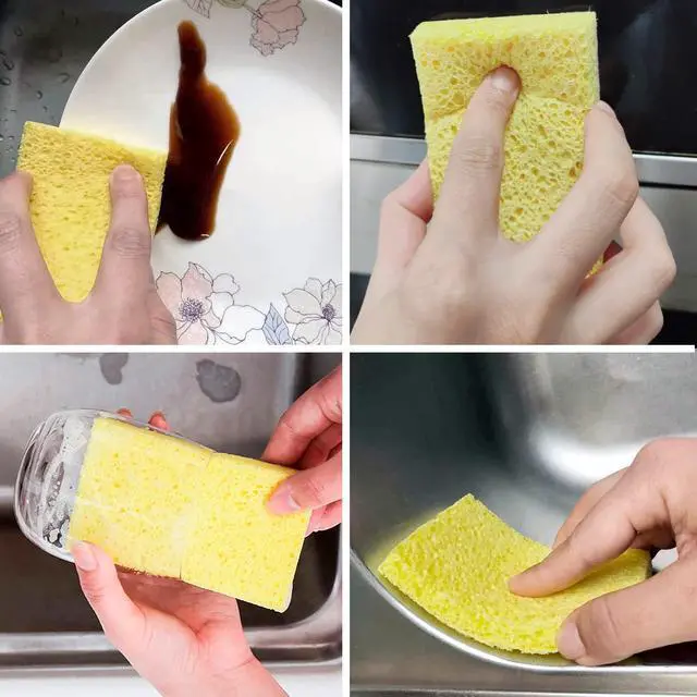 Alt view image 6 of 7 - 12 Pack Cellulose Compressed Sponges, Natural Wood Pulp Thicker Dishwashing Sponge, Pop Up Soft Absorbent Sponges for Kitchen, Individually Wrapped for Easy Storage, Yellow, 4.3" x 2.8" x 0.8"