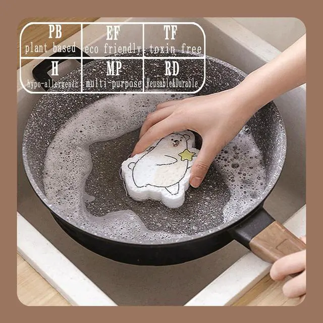 Alt view image 5 of 7 - Extra Durable 9 Pack Cute Bear Compressed Wood Pulp Sponges Thicker & Larger Than Regular Highly Absorbent Biodegradable Plant-Based for Dishwashing Kitchen Bath Pet Dishes Odorless Reusable