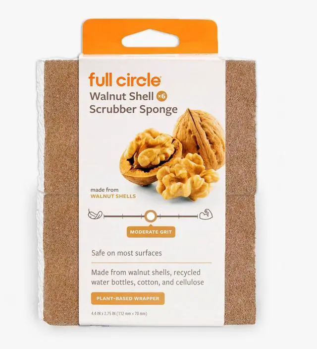 Main image of Walnut and Cellulose Scrubber Sponges Pack of 6 Powerful, Non-Scratch Kitchen Sponges Made with Plant-Based Sustainable Materials, Safe for Nonstick Cookware