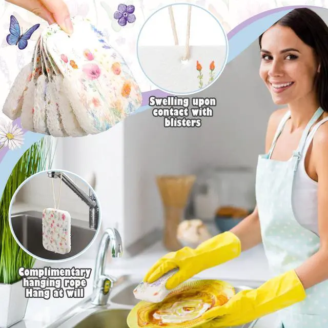 Alt view image 4 of 6 - 36 Counts Compressed Cellulose Sponges Bulk Cute Wildflower Pop up Sponges Natural Compostable Non Scratch Dish Kitchen Gifts for Washing Dishes, Travel Cleaning Countertop Sink