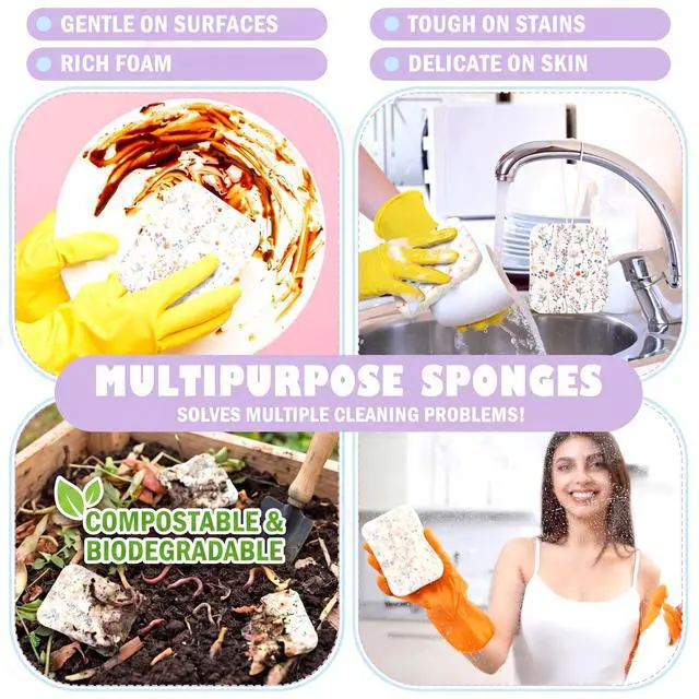 Alt view image 3 of 6 - 36 Counts Compressed Cellulose Sponges Bulk Cute Wildflower Pop up Sponges Natural Compostable Non Scratch Dish Kitchen Gifts for Washing Dishes, Travel Cleaning Countertop Sink