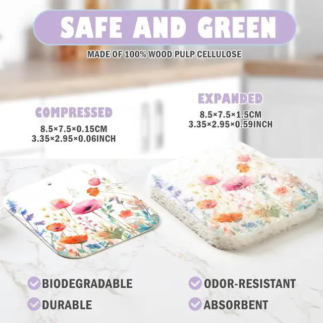 Alt view image 2 of 6 - 36 Counts Compressed Cellulose Sponges Bulk Cute Wildflower Pop up Sponges Natural Compostable Non Scratch Dish Kitchen Gifts for Washing Dishes, Travel Cleaning Countertop Sink