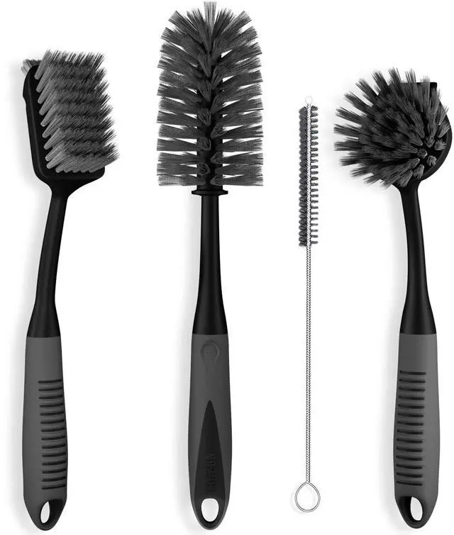 Main image of Dish Brush Set of 4 - Kitchen Scrub Brushes with Non-Slip Long Handle for Cleaning, Scrubber, Dishwashing, Dishes, Bottles, Straws, Cups, Pots & Sink, Black