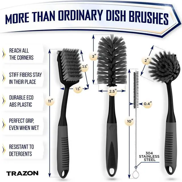 Alt view image 2 of 7 - Dish Brush Set of 4 - Kitchen Scrub Brushes with Non-Slip Long Handle for Cleaning, Scrubber, Dishwashing, Dishes, Bottles, Straws, Cups, Pots & Sink, Black