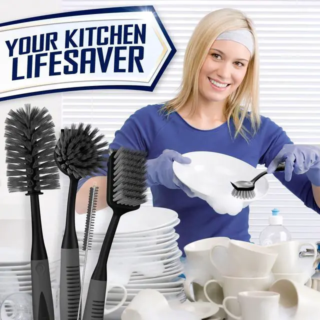 Alt view image 7 of 7 - Dish Brush Set of 4 - Kitchen Scrub Brushes with Non-Slip Long Handle for Cleaning, Scrubber, Dishwashing, Dishes, Bottles, Straws, Cups, Pots & Sink, Black