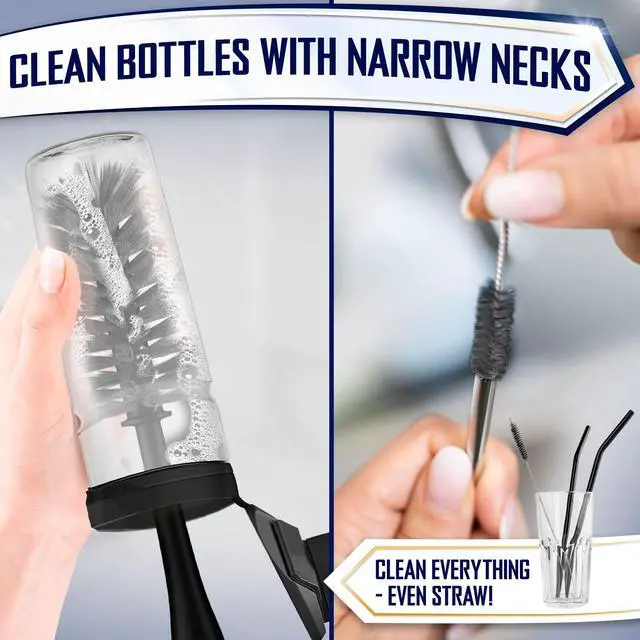 Alt view image 6 of 7 - Dish Brush Set of 4 - Kitchen Scrub Brushes with Non-Slip Long Handle for Cleaning, Scrubber, Dishwashing, Dishes, Bottles, Straws, Cups, Pots & Sink, Black