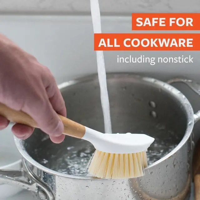 Alt view image 2 of 7 - Daily Dish Brush-Bamboo Handle Dish BrushSustainable Kitchen Cleaning with Tough Bristles-Natural Dish Scrubber,Nonstick & Cast Iron Cleaner-Long Handle Brush for Dishes,Pots,and Pans