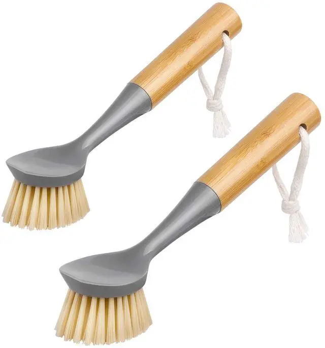 Main image of Dish Brush with Bamboo Handle Built-in Scraper, Scrub Brush for Pans, Pots, Kitchen Sink Cleaning, Pack of 2