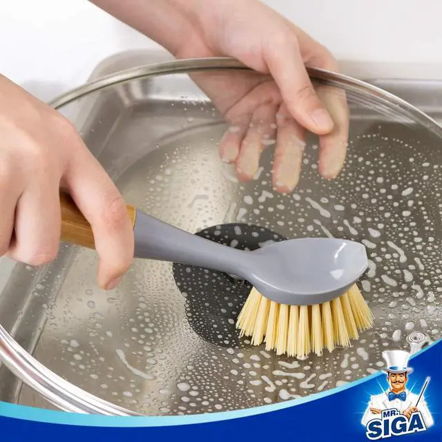 Alt view image 3 of 7 - Dish Brush with Bamboo Handle Built-in Scraper, Scrub Brush for Pans, Pots, Kitchen Sink Cleaning, Pack of 2