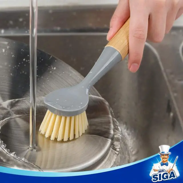 Alt view image 4 of 7 - Dish Brush with Bamboo Handle Built-in Scraper, Scrub Brush for Pans, Pots, Kitchen Sink Cleaning, Pack of 2
