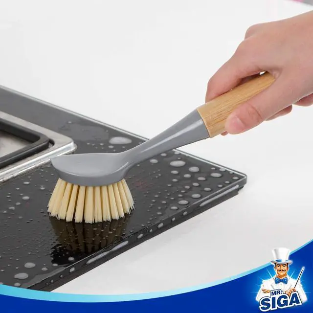 Alt view image 5 of 7 - Dish Brush with Bamboo Handle Built-in Scraper, Scrub Brush for Pans, Pots, Kitchen Sink Cleaning, Pack of 2