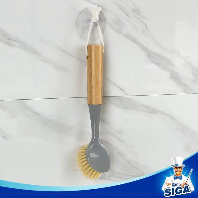 Alt view image 6 of 7 - Dish Brush with Bamboo Handle Built-in Scraper, Scrub Brush for Pans, Pots, Kitchen Sink Cleaning, Pack of 2