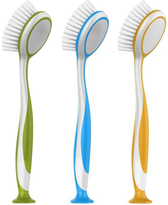 Main image of Round Dish Brush with Suction Cup, Pack of 3 | Scrub brush for dishes, pans, pots, kitchen sink cleaning, dish brush with handle