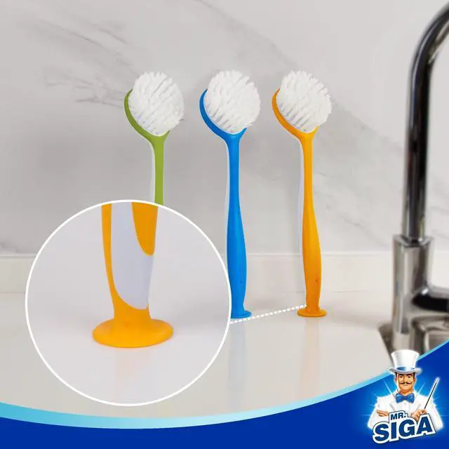 Alt view image 4 of 7 - Round Dish Brush with Suction Cup, Pack of 3 | Scrub brush for dishes, pans, pots, kitchen sink cleaning, dish brush with handle