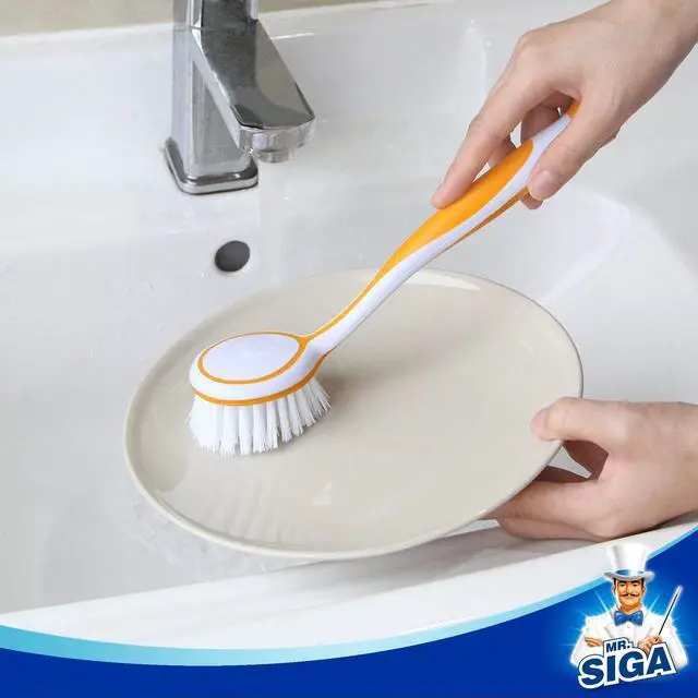 Alt view image 5 of 7 - Round Dish Brush with Suction Cup, Pack of 3 | Scrub brush for dishes, pans, pots, kitchen sink cleaning, dish brush with handle