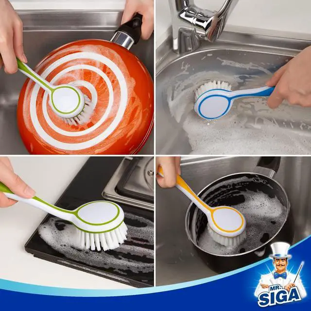 Alt view image 7 of 7 - Round Dish Brush with Suction Cup, Pack of 3 | Scrub brush for dishes, pans, pots, kitchen sink cleaning, dish brush with handle