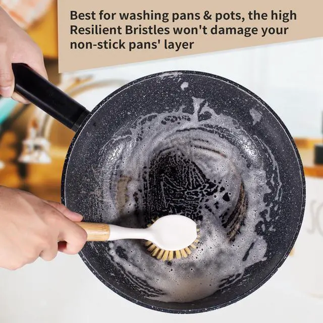 Alt view image 2 of 7 - Kitchen Dish & Cast Iron Brush with Scraper, Skillet Scrub Cleaner with Handle, Kitchen Cleaning Scrubber for Dishes, Pots, Cast Iron Skillet, Non-Stick Frying Pans, Sinks and House Cleaning
